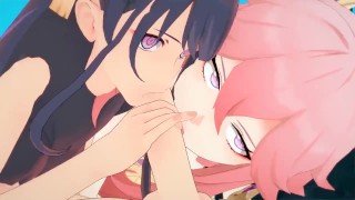 高清60帧 尘歌壶温泉双飞盛宴！雷电将军×八重神子激情夹击旅行者 3P性爱全记录